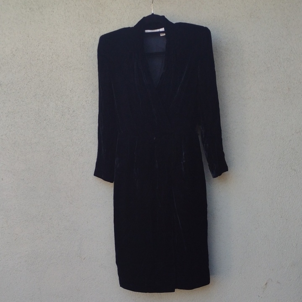 Vintage 80s Liz Claiborne Black Velvet Formal Wrap Midi Party Dress Women's 8